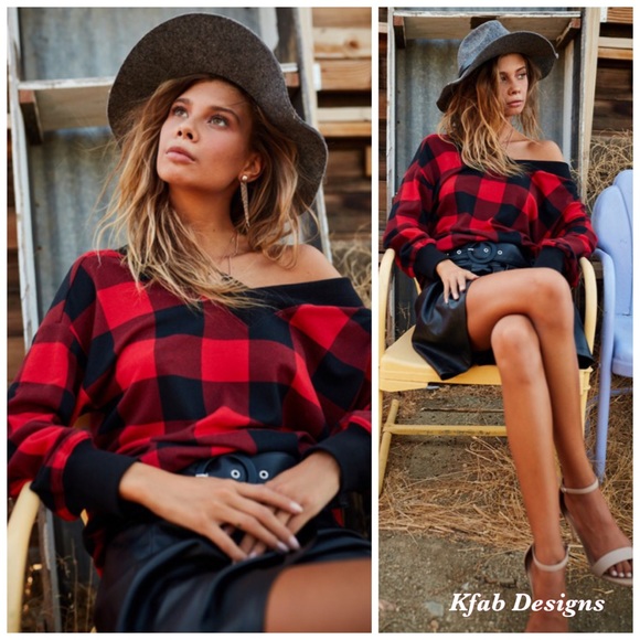 ❤️LAST! French Terry V Neck Contrast Band Soft Plaid Top! - Picture 6 of 10